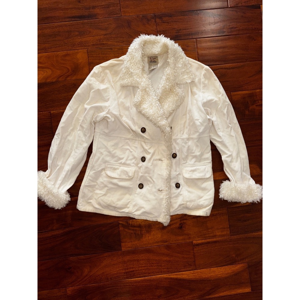 At Last & Co Vintage Pea Coat Womens Med  Corduroy Sherpa Trim Double Breasted